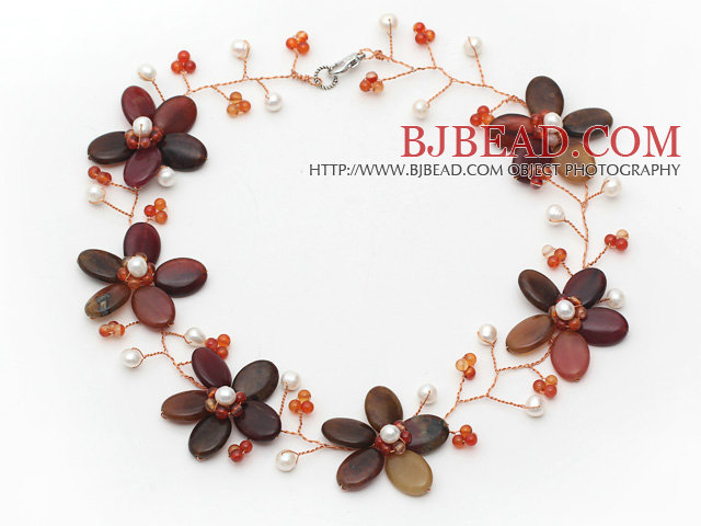White Freshwater Pearl and Three Colored Jade Flower Wire Crocheted Necklace
