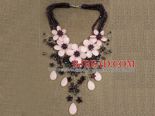 Gorgeous Statement Multi Layer Crystal Rose Quartz Flower Party Necklace