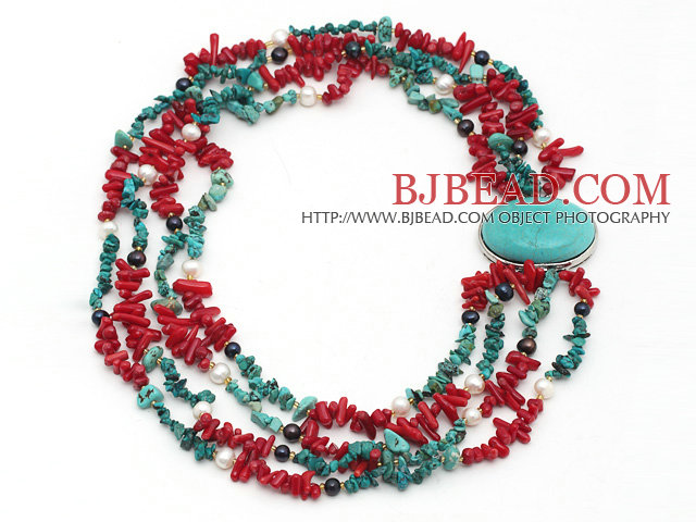 Assorted Multi Strands Red Coral and Turquoise Chips Necklace with Turquoise Clasp