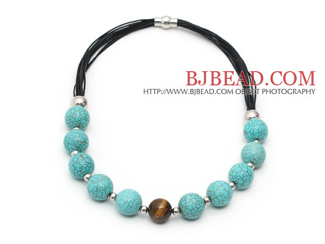 Round Turquoise and Tiger Eye Leather Necklace with Magnetic Clasp