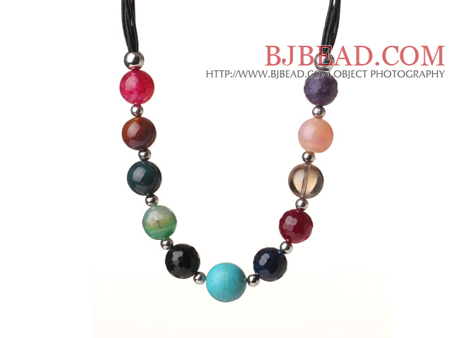 Assorted Multi Color Multi Stone Black Leather Necklace with Magnetic Clasp