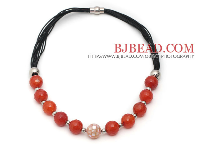 Faceted Red Carnelian and Mosaics Shell Leather Necklace with Magnetic Clasp