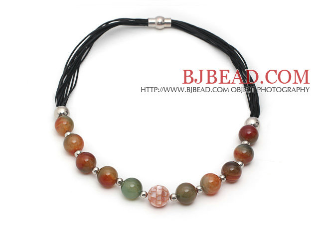Round Peacock Agate and Mosaics Shell Leather Necklace with Magnetic Clasp