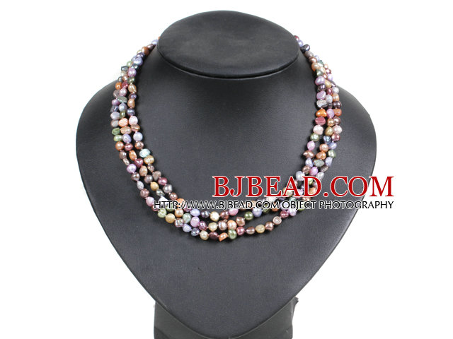 Fashion Style 3 Strand Natural Multi Color Freshwater Pearl Necklace