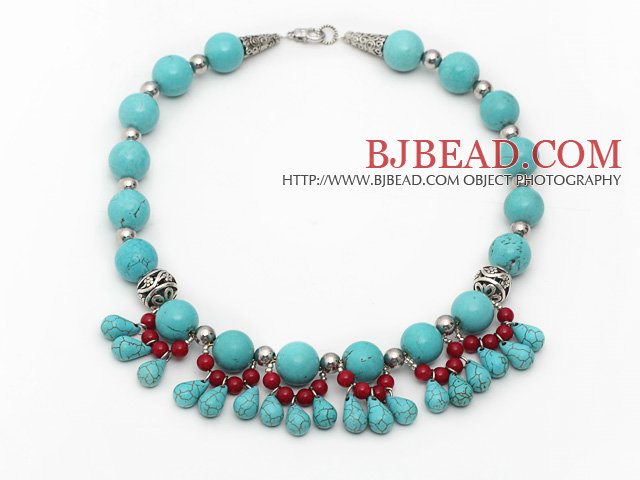 Single Strand Assorted Round and Teardrop Turquoise and Red Coral Necklace