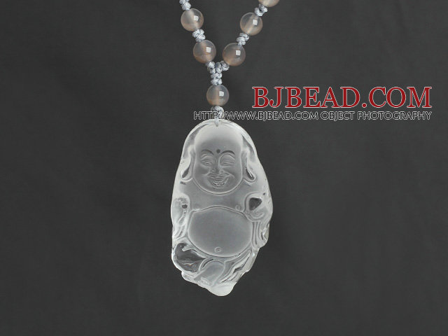 Gray Agate Necklace with Clear Crystal Laughing Buddha Pendant