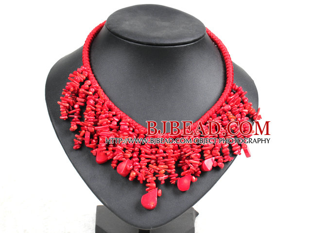 Marvelous Statement Red Coral Chips Hand-Knitted Bib Necklace