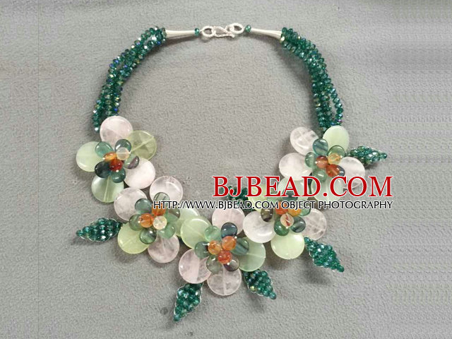 Fabulous Statement Party Style Multi Strand Green Crystal Rose Quartz Fluorite Flower Necklace
