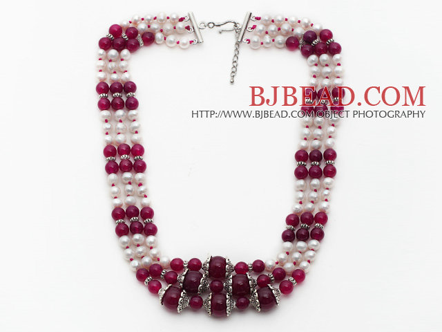 Multi Strands White Freshwater Pearl and Purple Red Agate Necklace with Extendable Chain
