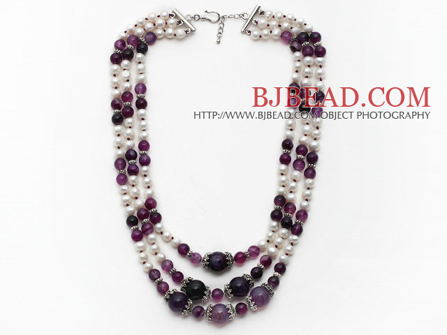 Multi Strands White Freshwater Pearl and Purple Agate Necklace with Extendable Chain