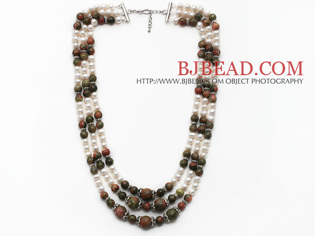 Multi Strands White Freshwater Pearl and Green Piebald Stone Necklace with Extendable Chain