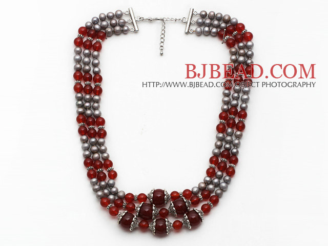 Multi Strands Gray Freshwater Pearl and A Grade Carnelian Necklace with Extendable Chain