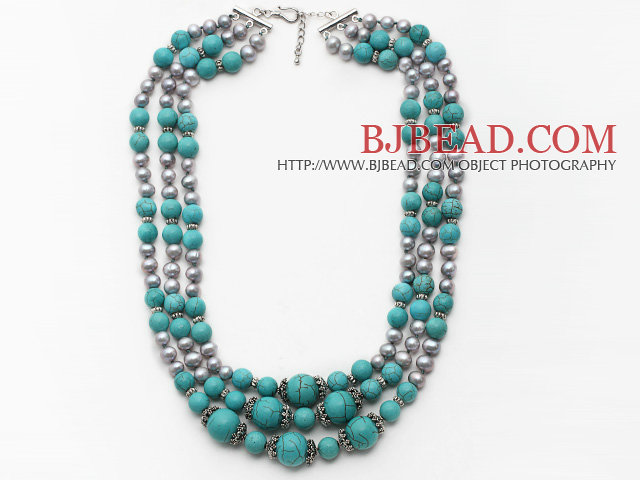 Multi Strands Gray Freshwater Pearl and Turquoise Necklace with Extendable Chain