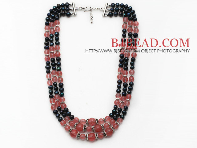 Multi Strands Black Freshwater Pearl and Pink Cherry Quartz Necklace with Extendable Chain