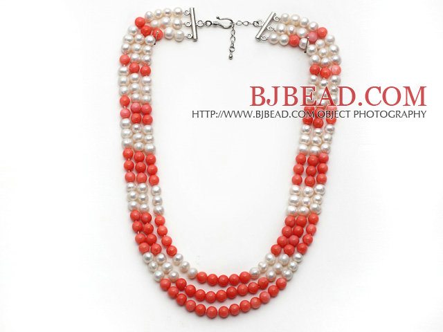 Multi Strands White Freshwater Pearl and Pink Coral Necklace with Extendable Chain