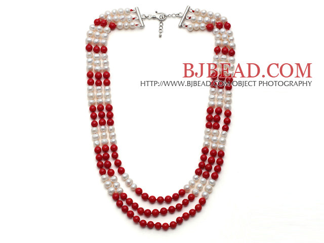 Multi Strands White Freshwater Pearl and Red Coral Necklace with Extendable Chain
