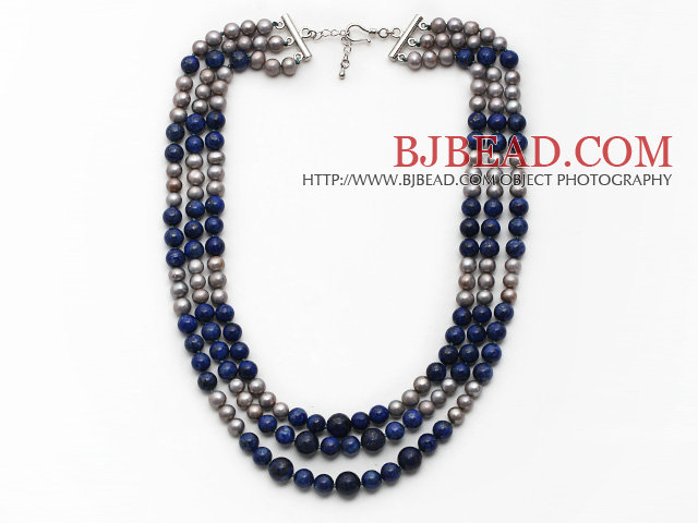 Multi Strands Gray Freshwater Pearl and Lapis Necklace with Extendable Chain