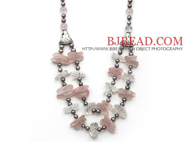 Gray Freshwater Pearl and Double Layer Irregular Shape Clear Crystal and Rose Quarz Necklace