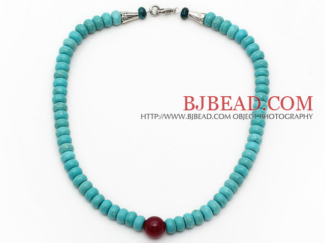 Single Strand Abacus Shape Xinjiang Turquoise Beaded Necklace with Carnelian