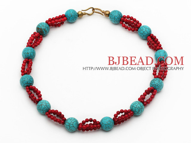 Assorted Round Turquoise and Red Coral Necklace with Yellow Color Metal Clasp