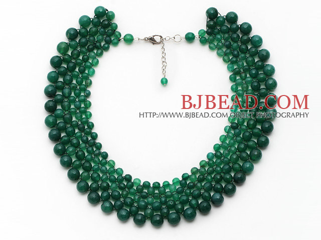 Elegant Style Faceted Green Agate Crocheted Graduated Choker Necklace with Extendable Chain