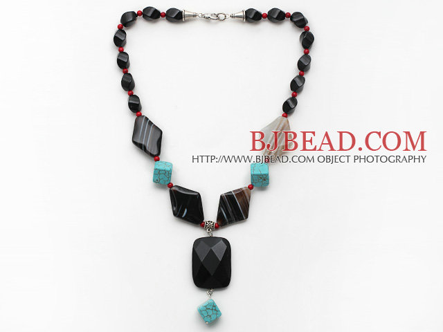 Assorted Black Agate and Alaqueca and Turquoise Y Shape Necklace