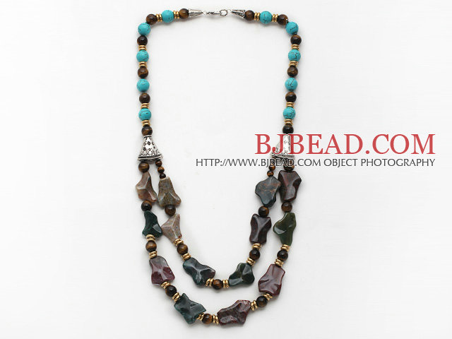 Double Layer Turquoise and Tiger Eye and Irregular Shape Indian Agate Necklace