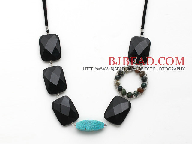 Fashion Style Rectangle Shape Black  Crystal and Turquoise and Wire Wrapped Indian Agate Necklace
