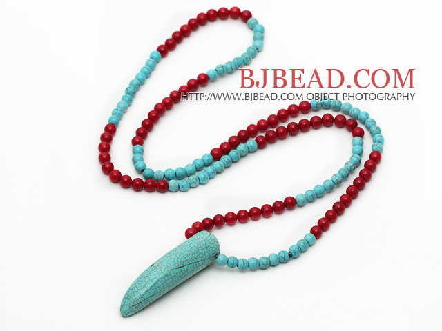 Long Style Red Coral and Turquoise Necklace with Long Teeth Shape Turquoise Pendant