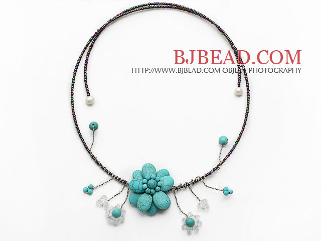 Turquoise Flower Choker Necklace with White Pearl and White Crystal and Gray Black Glass Beaded Chain