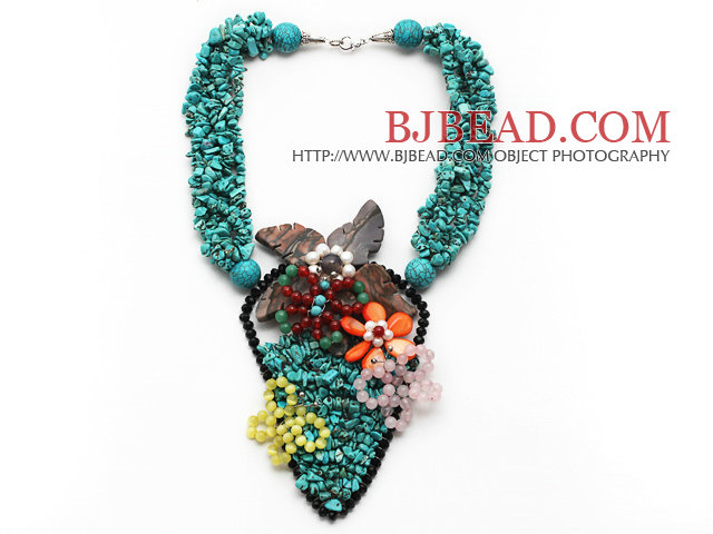 Amazing Style Turquoise Chips Necklace with Cats Eye and Rose Quartz and Carnelian Butterfly and Shell Flower