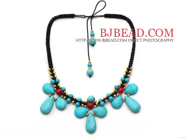 Turquoise and Alaqueca and Yellow Color Metal Beads Necklace with Black Thread