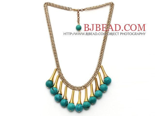 Fashion Style Turquoise Tassel Necklace with Golden Color Metal Chain and Extendable Chain