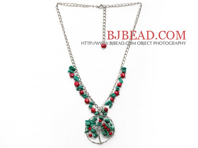 Assorted Red Coral and Clear Crystal and Turquoise Necklace with Life Tree Pendant and Metal Chain