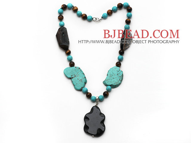 Assorted Turquoise and Tiger Eye and Irregular Shape Black Agate Necklace with Agate Pendant