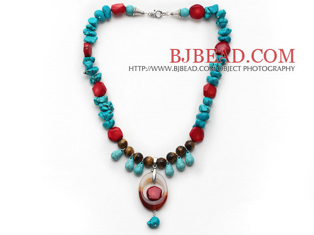 Assorted Turquoise and Tiger Eye and Red Coral and Agate Necklace