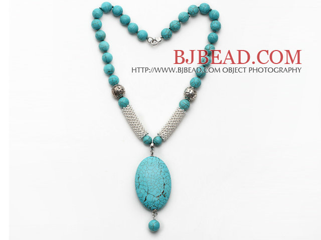 Green Turquoise Necklace with Oval Shape Turquoise Pendant and Metal Spacer Beads