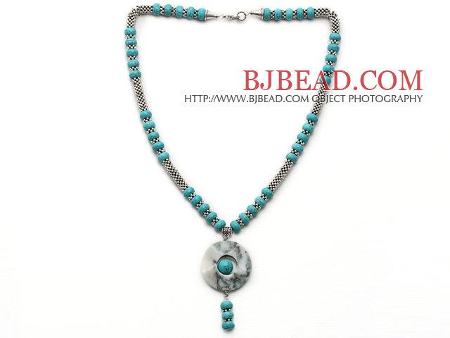 Turquoise and Metal Spacer Beads Y Shape Necklace with Blue and White Jade Donut