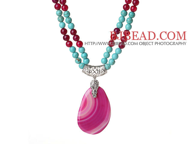 Double Strands Turquoise and Hot Pink Agate Necklace with Teardrop Hot Pink Agate Pendant