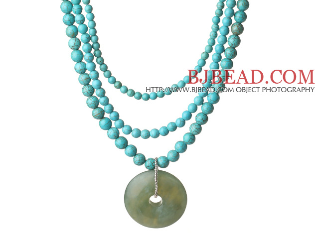Multi Strands Turquoise Necklace with Serpentine Jade Pendant and Extendable Chain