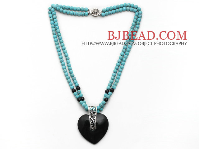 Double Strands Round Turquoise Necklace with Heart Shape Black Agate Pendant