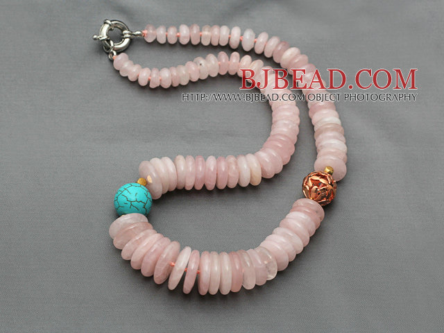 Pink Series Disc Shape Rose Quartz and Turquoise Necklace with Metal Beads