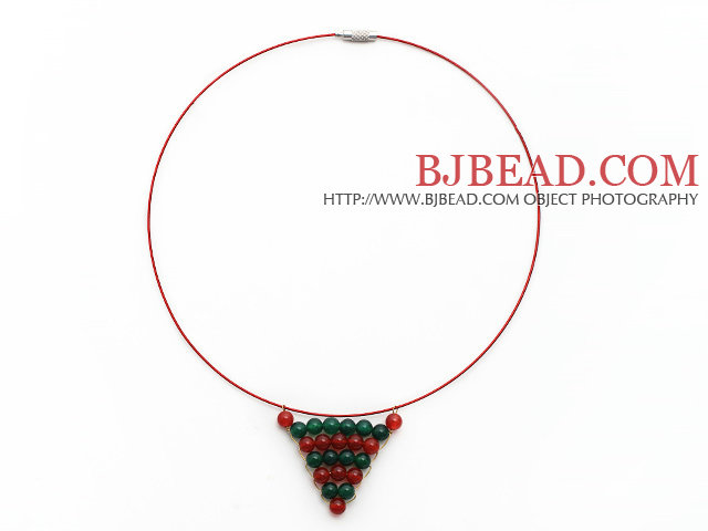 Carnelian and Green Agate Wire Wrapped Triangle Pendant Necklace with Red Wire and Magnetic Clasp