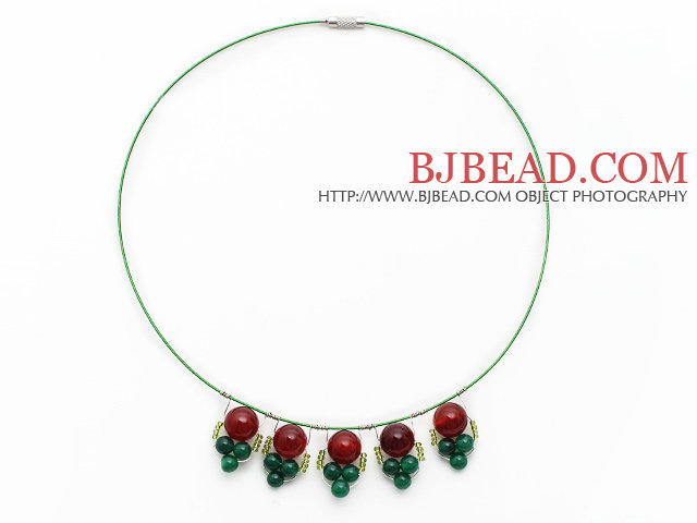 Carnelian and Green Agate Pendant Necklace with Green Wire and Magnetic Clasp