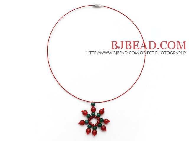 Green Agate and Carnelian Christmas Snowflake Shape Pendant Necklace with Red Wire and Magnetic Clasp