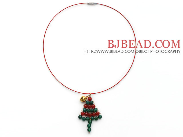 2014 Christmas Design Green Agate and Carnelian Christmas Tree Shape Pendant Necklace with Red Wire and Magnetic Clasp