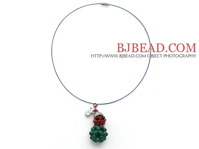 2014 Christmas Design Green Agate and Carnelian Christmas Snowman Shape Pendant Necklace with Blue Wire and Magnetic Clasp