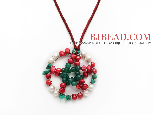 2014 Christmas Design White and Red Pearl and Green Agate and Turquoise Chips Star Shape Pendant Necklace with Reddish Brown Leather