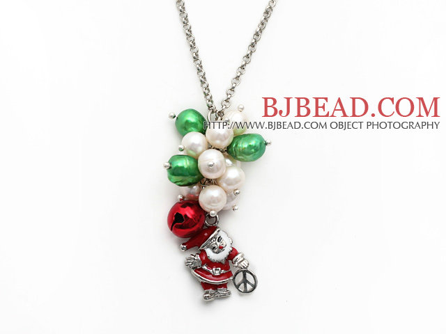 2014 Christmas Design White Freshwater Pearl and Green Pearl and Red Bell and Santa Claus Pendant Necklace with Metal Chain