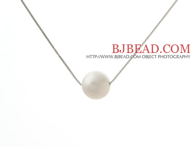 Classic Design Round 11mm White Freshwater Pearl Pendant Necklace with 925 Silver Plated Platinum Chain